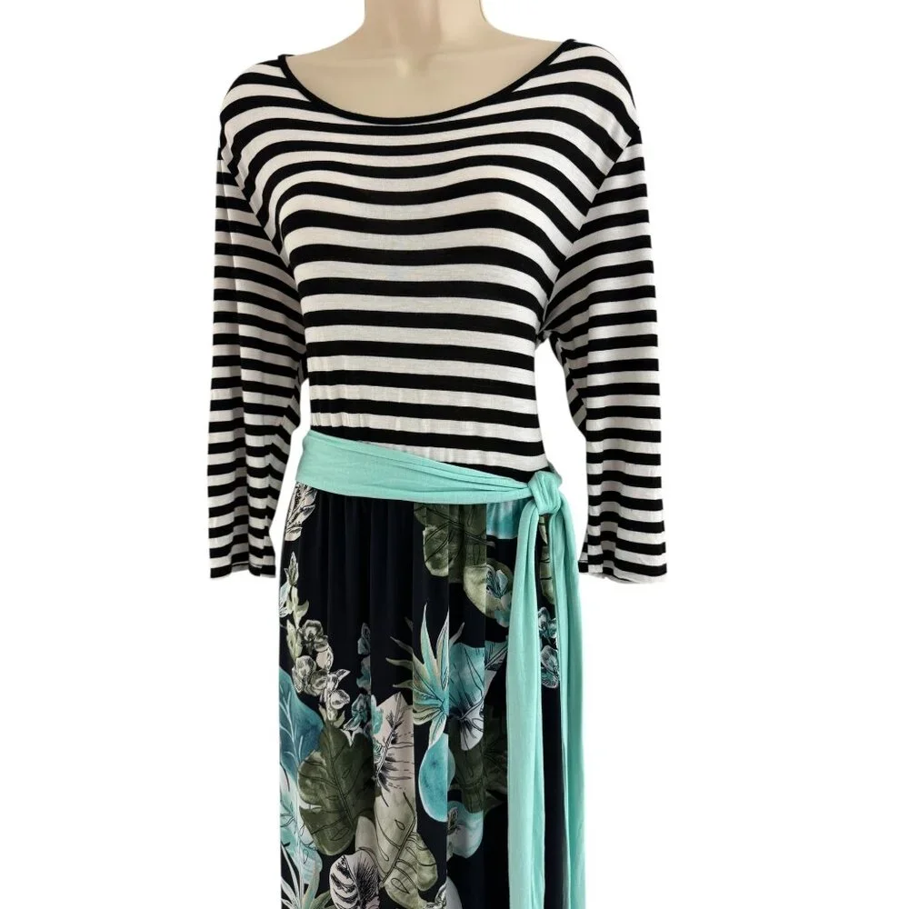Striped Top Palm Print Maxi Dress w/Attached Sash Tie Size 3XL Tropical Plus Sz - Picture 2 of 6